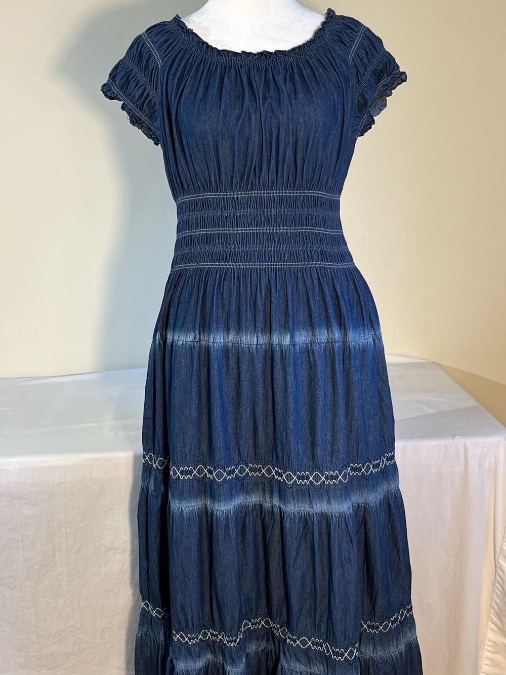 Smocked Navy Blue Tiered Maxi Dress with Subtle White Stitching SZ L
